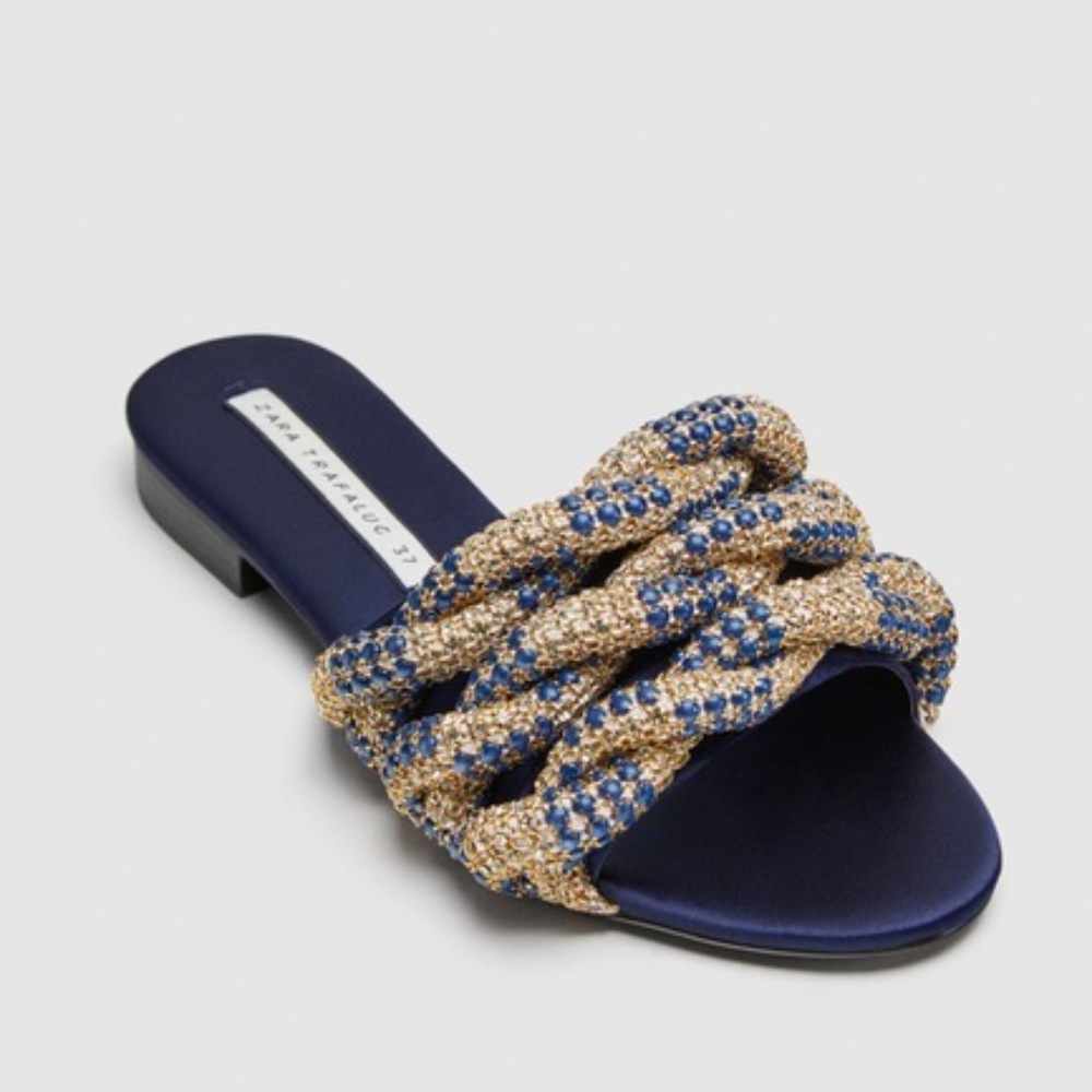 NWT ZARA Gem Encrusted Navy Satin Slides 6 - Picture 5 of 5